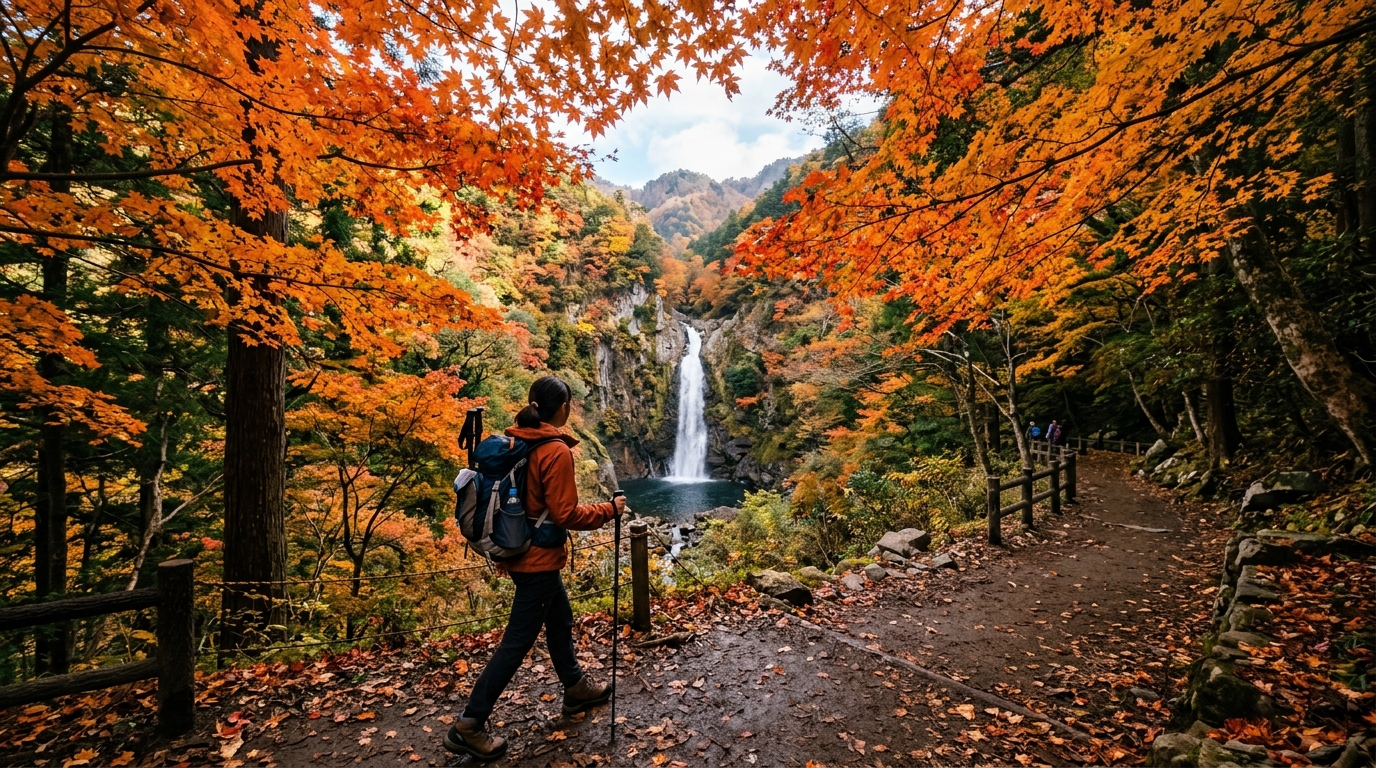 A hiker walking along a forest path in Mino Park,
