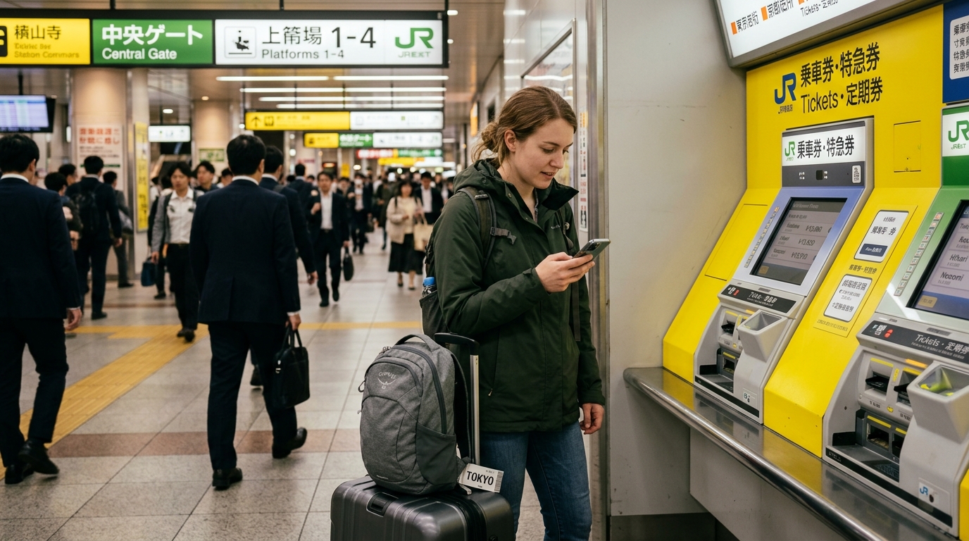 A traveler in a Japanese train station looking at a