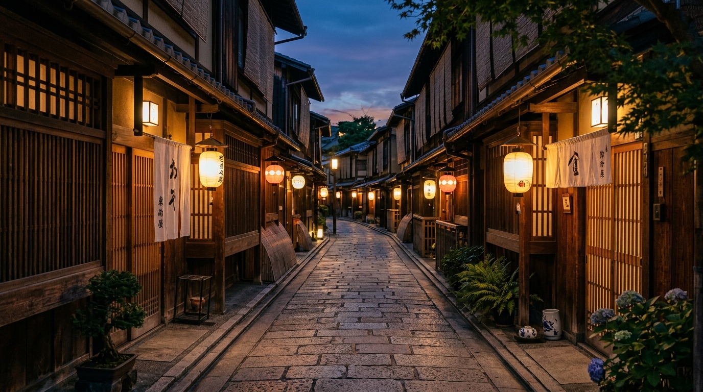 A peaceful, narrow stone alleyway in a traditional Kyoto neighborhood