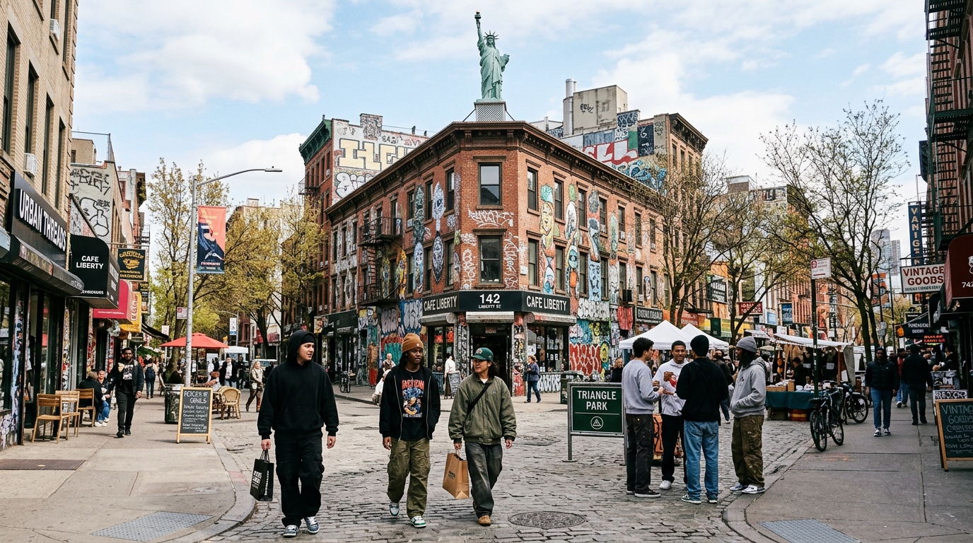 A wide-angle, eye-level shot of Triangle Park with the iconic