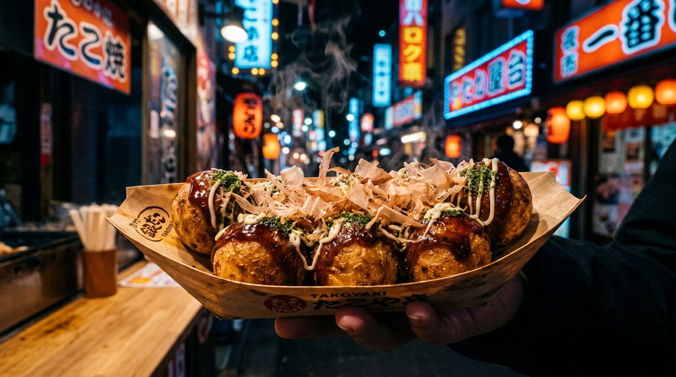 A close-up, high-contrast photograph of steaming takoyaki balls on a