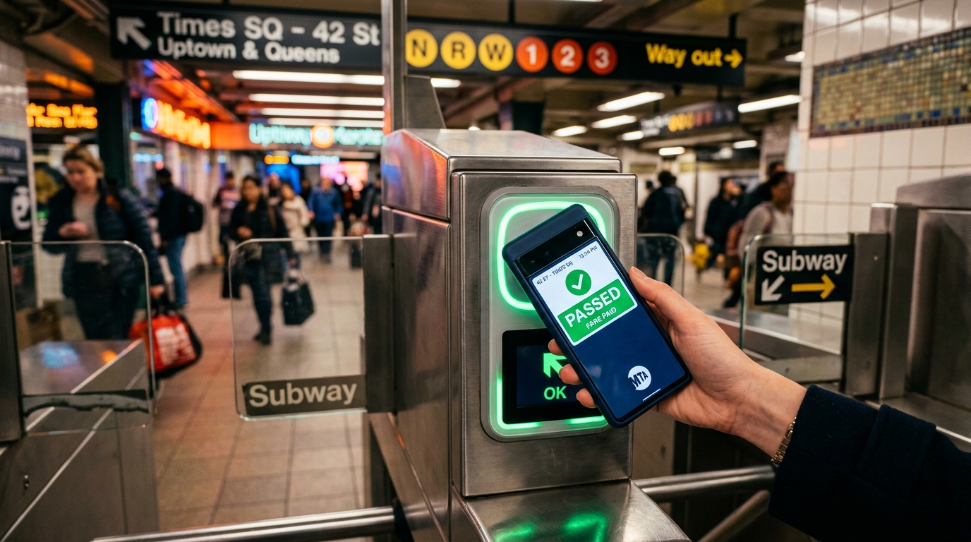 A close-up shot of a smartphone tapping a subway turnstile,