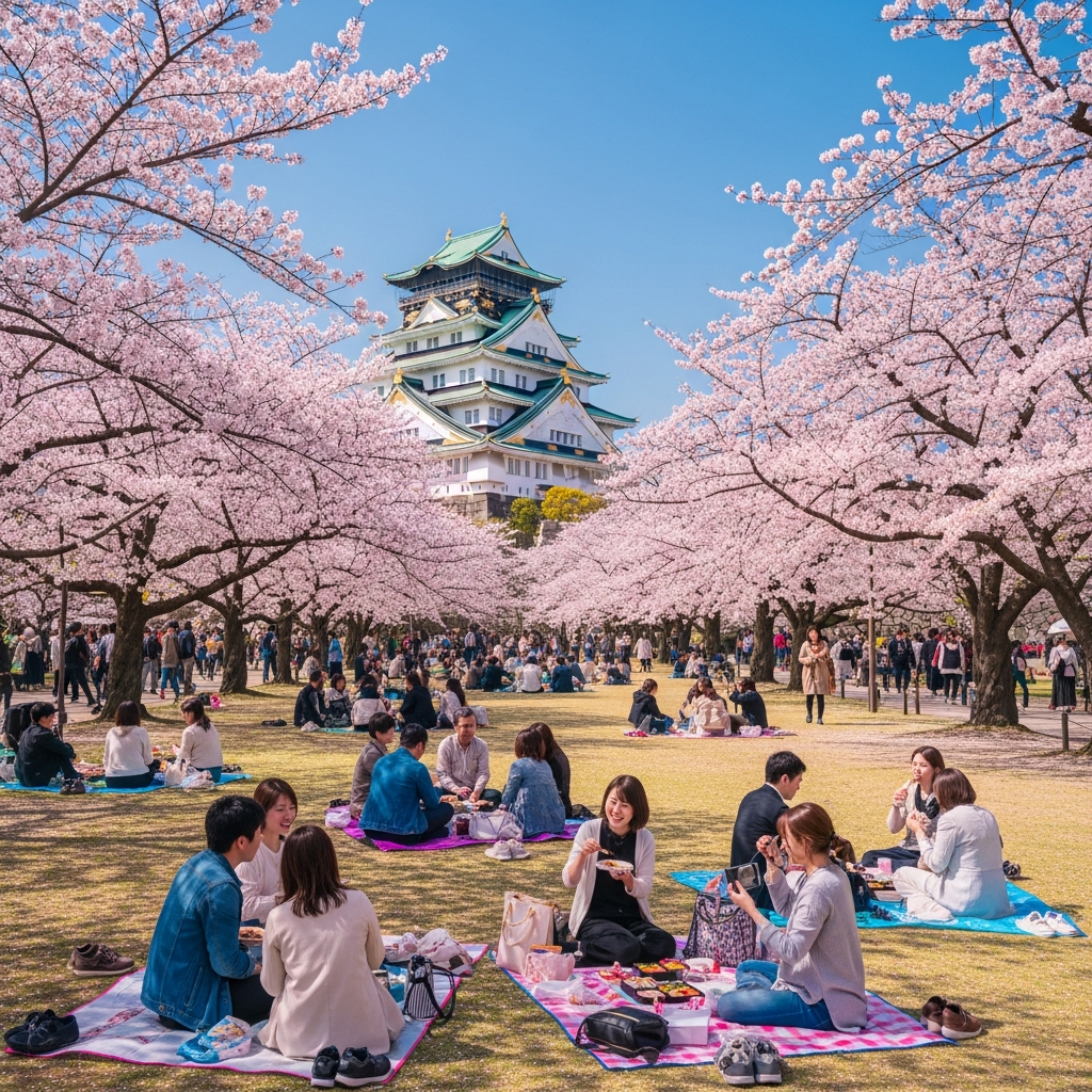 Osaka Castle during peak cherry blossom season, surrounded by hundreds
