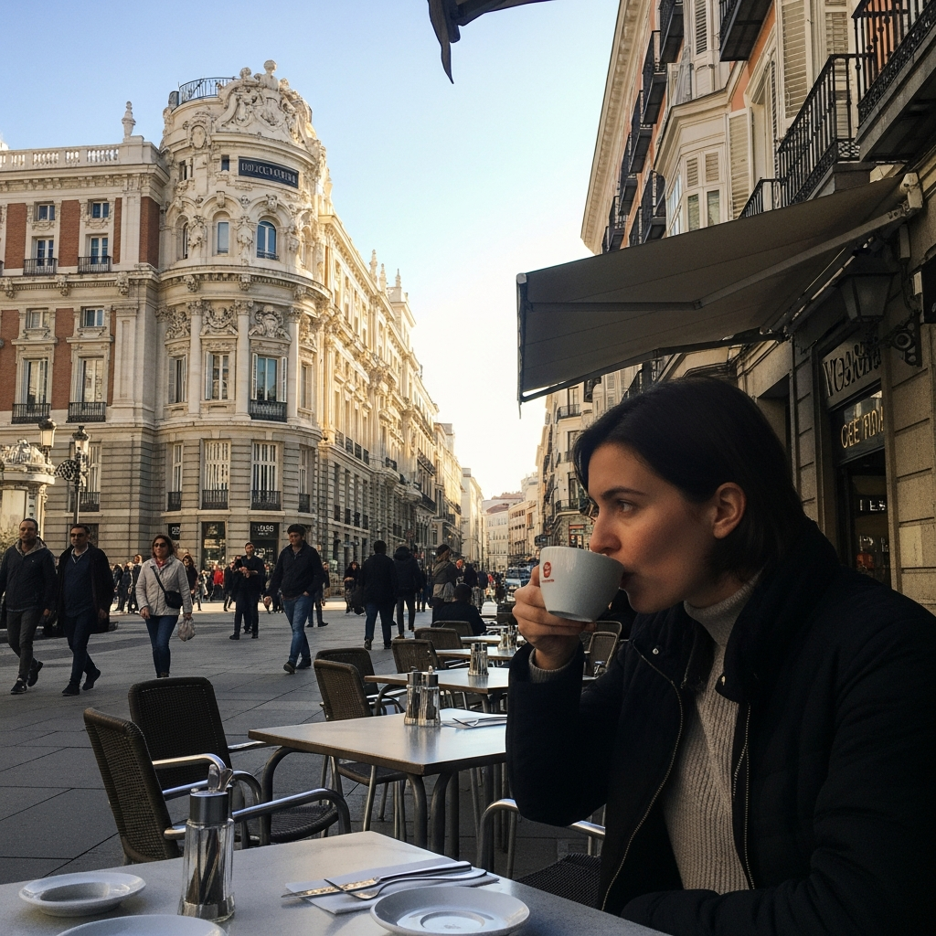 A solo traveler enjoying a coffee at a sunny outdoor