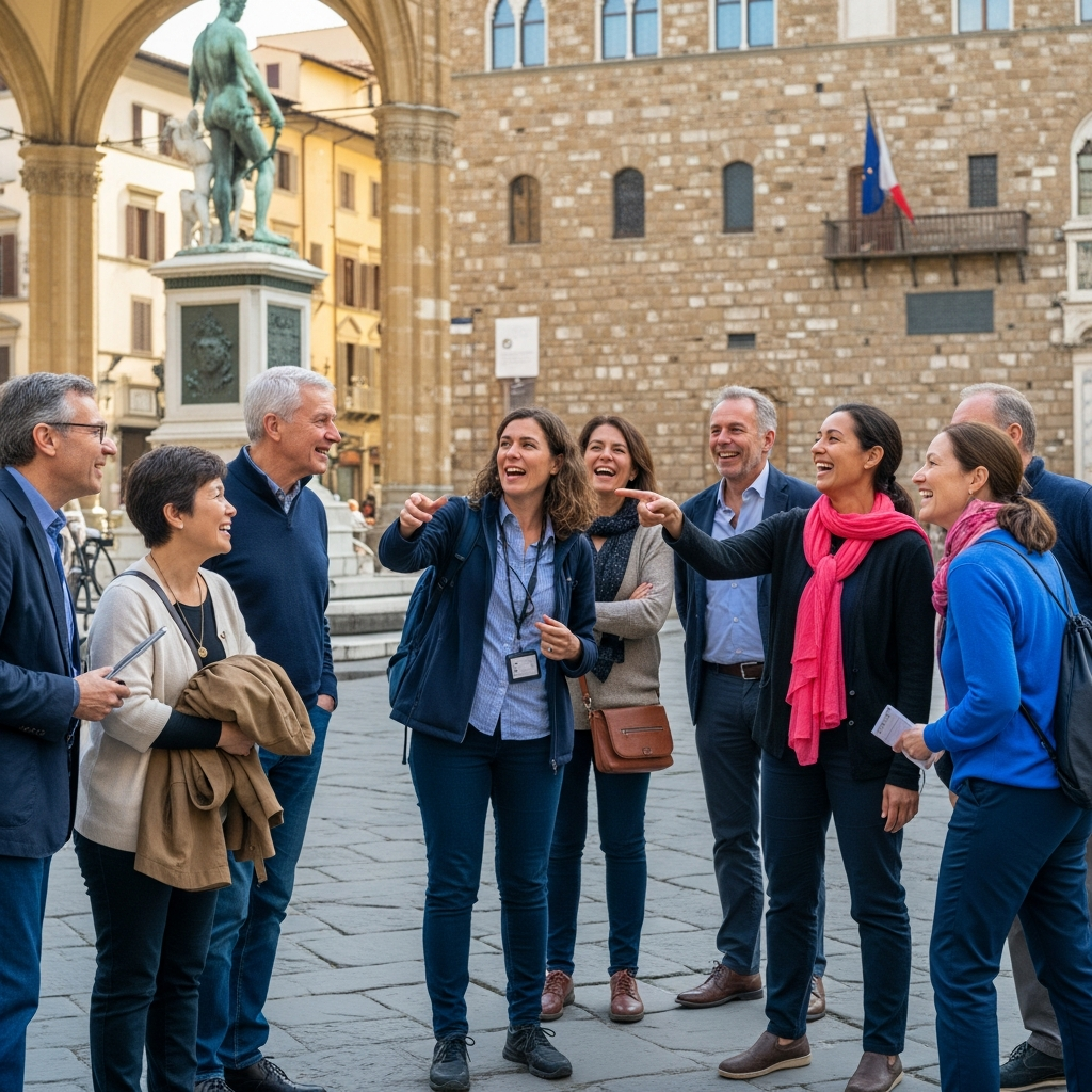 A diverse group of travelers laughing on a guided walking