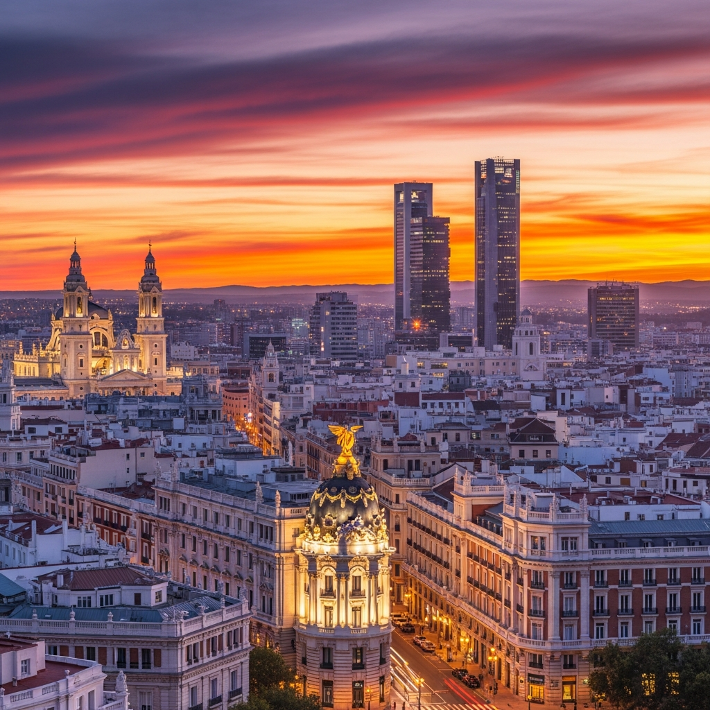 A panoramic view of the Madrid skyline at sunset, showcasing