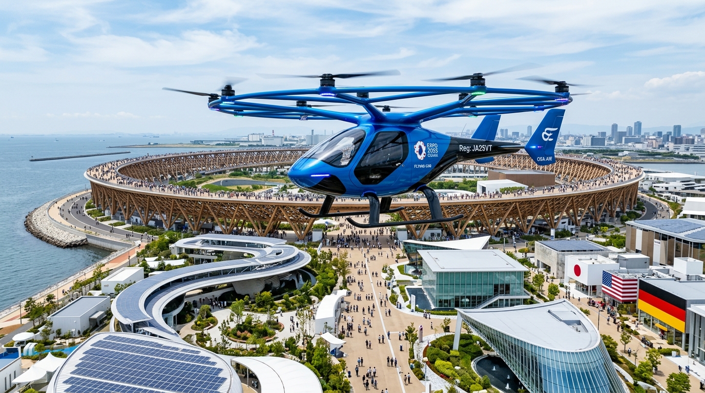 A sleek, electric-blue eVTOL aircraft hovering above the futuristic landscape