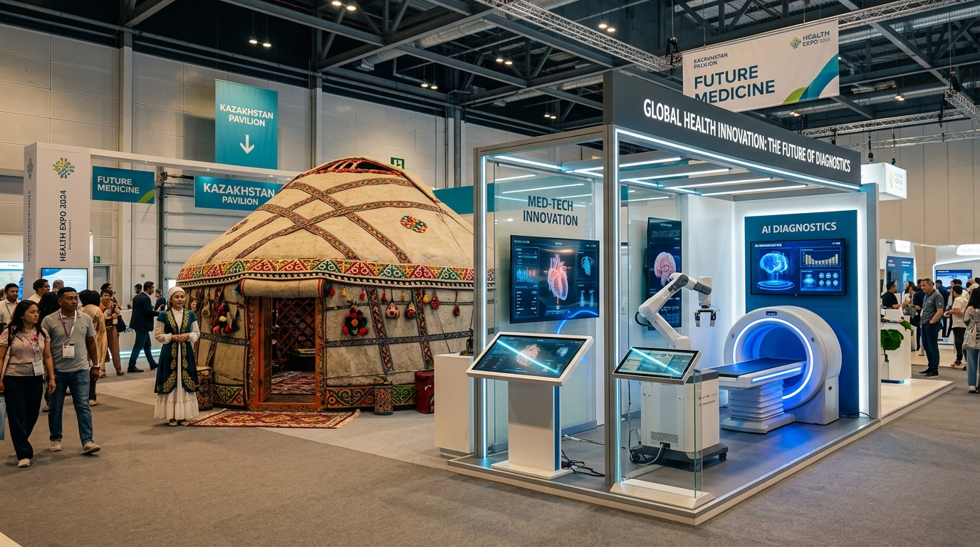 A vibrant traditional Kazakh yurt set up next to a