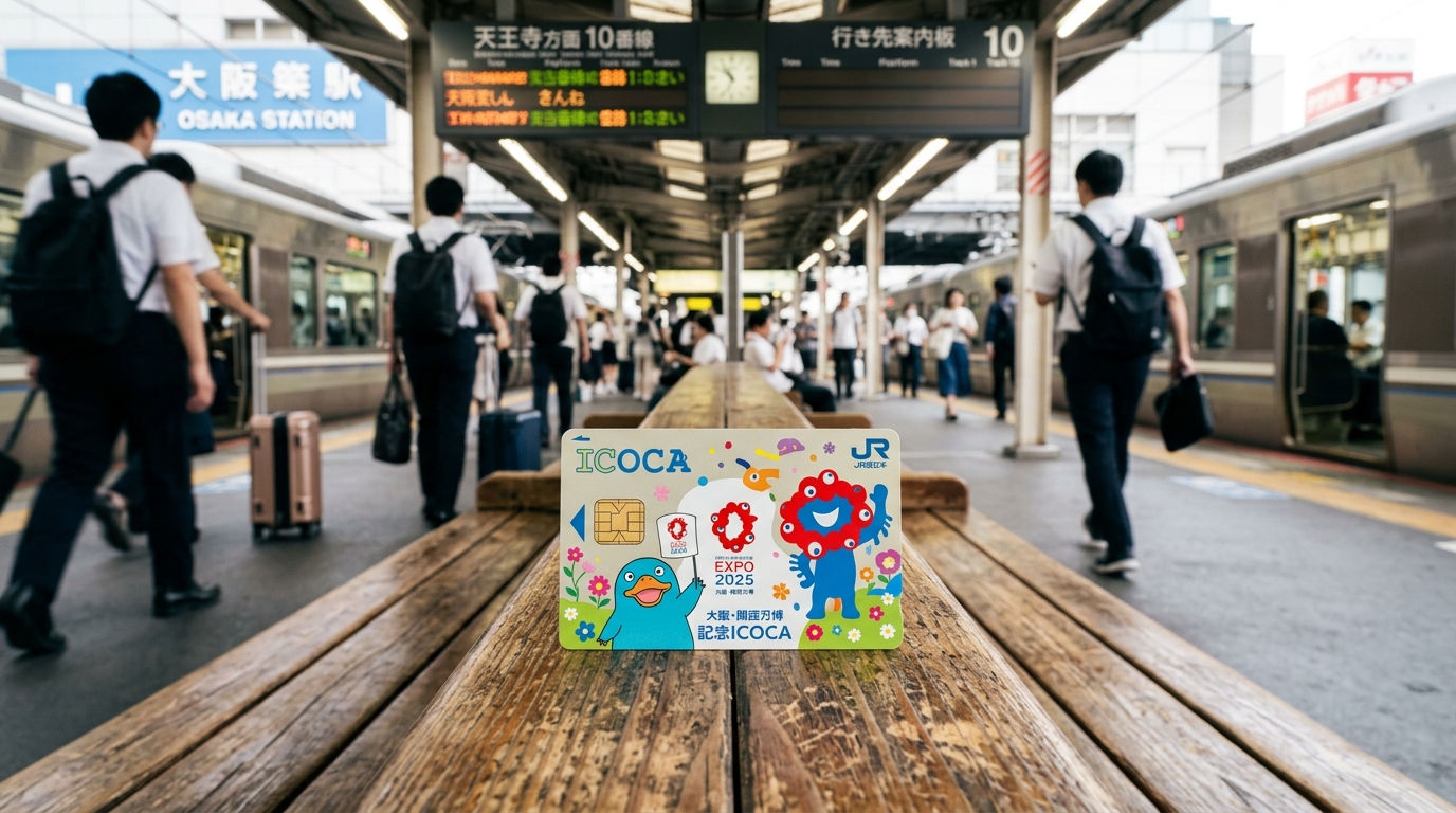 A close-up, high-angle shot of a commemorative ICOCA card sitting