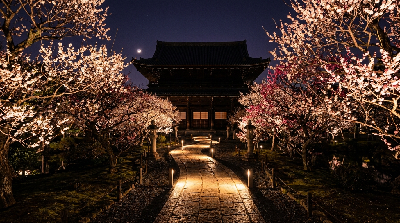 A glowing, illuminated stone pathway leading toward a dark, silhouetted