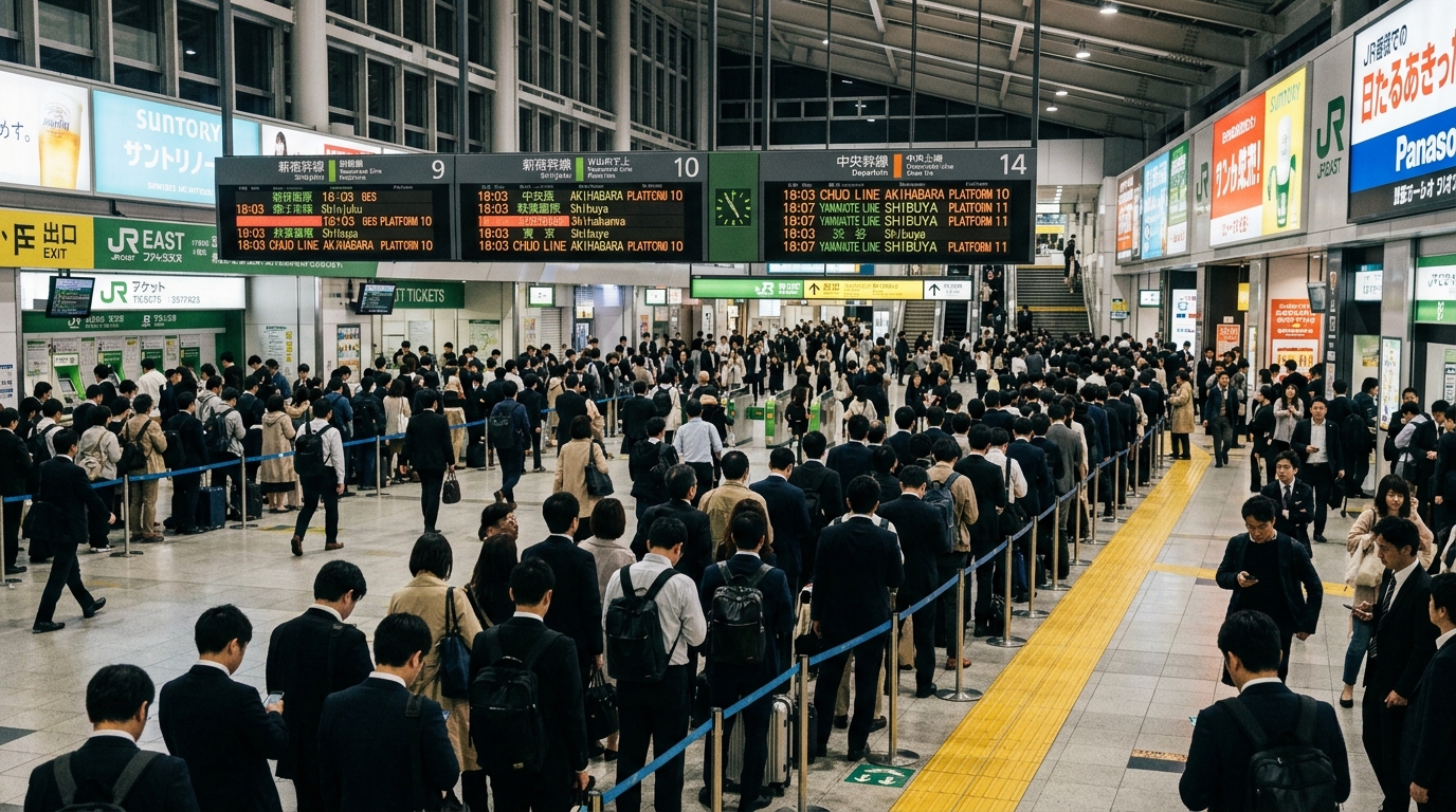 A crowded Tokyo train station concourse with passengers waiting in