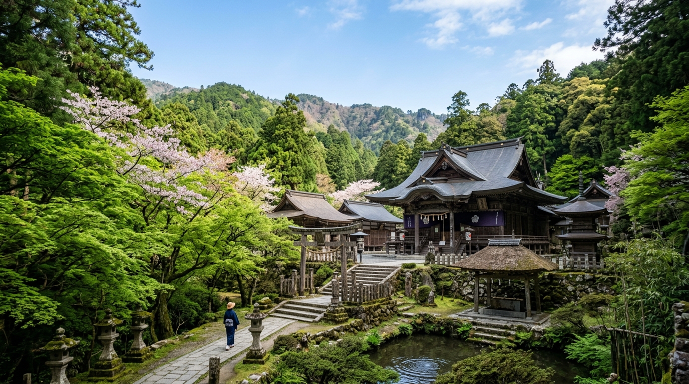 A serene, quiet mountain temple in rural Japan surrounded by