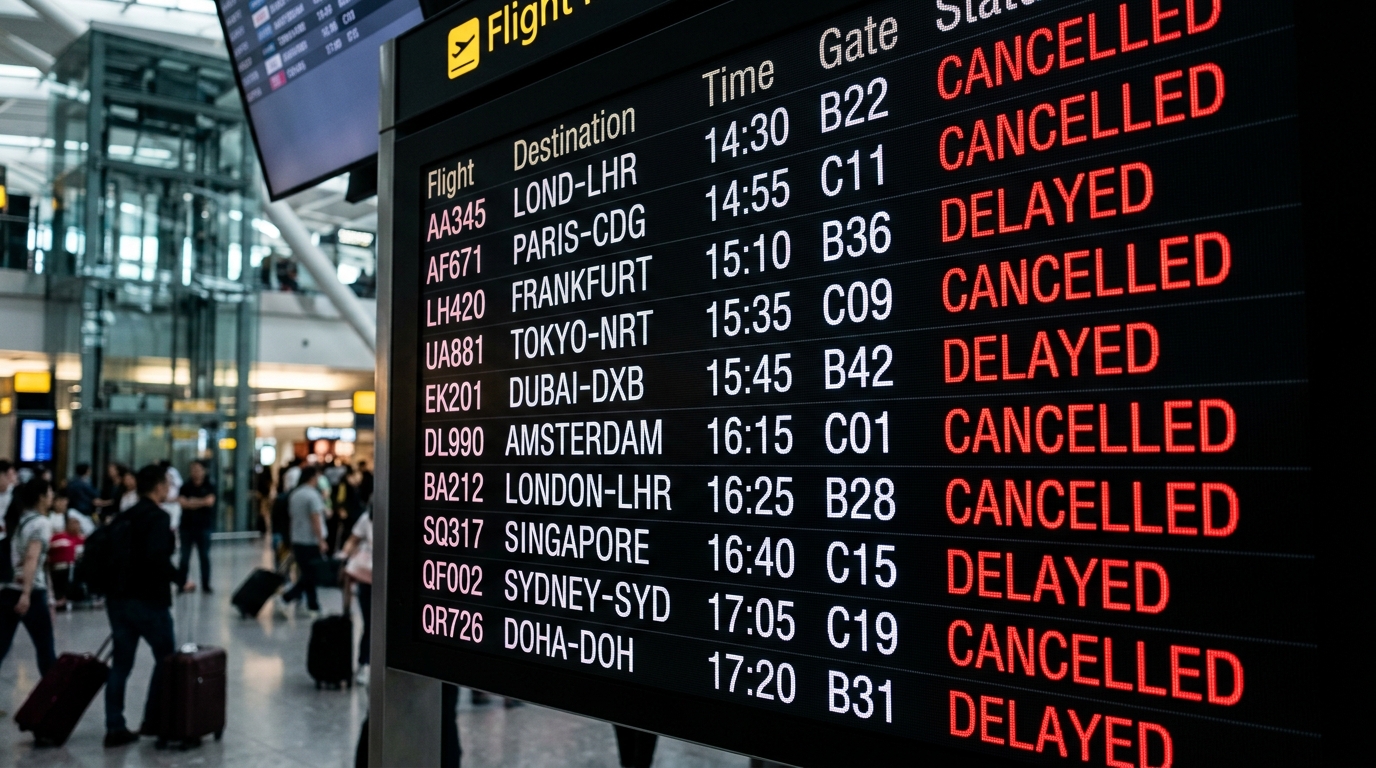 A close-up, high-definition photo of a digital flight information board