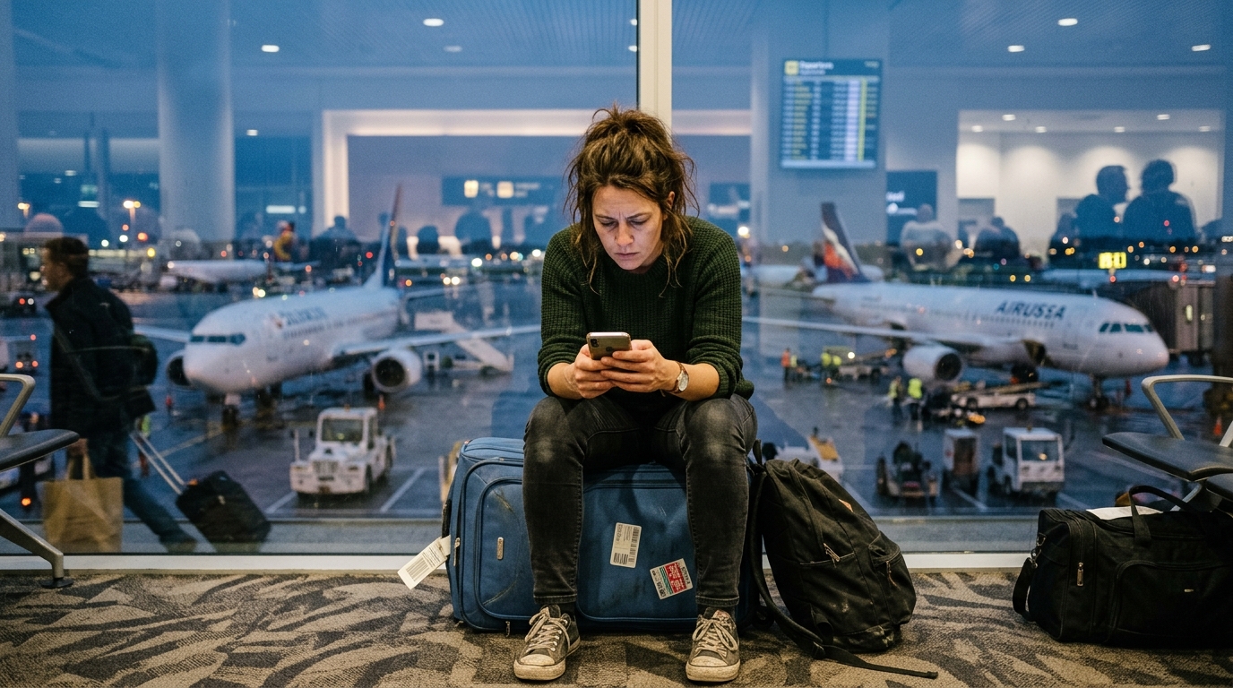 A weary traveler sitting on a suitcase in a modern