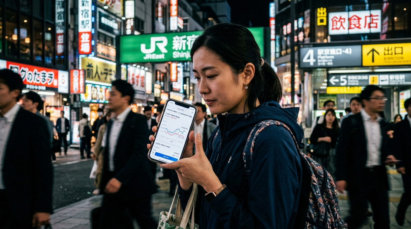 A close-up shot of a traveler looking at a mobile