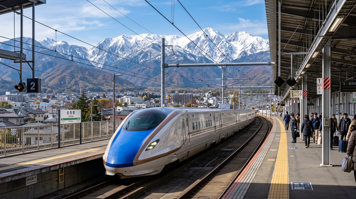 A wide-angle view of the iconic Shinkansen train pulling into