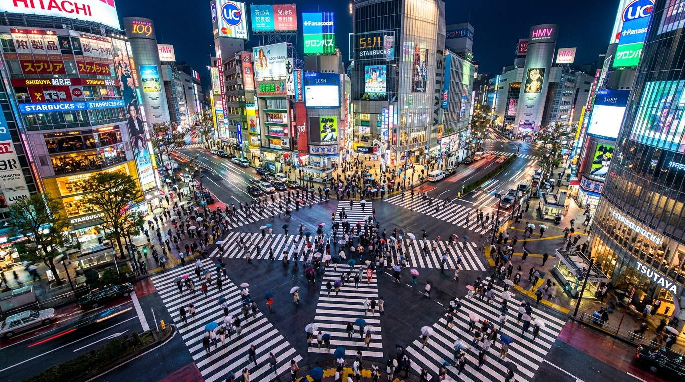 A crisp, wide-angle shot of the Shibuya Scramble crossing from
