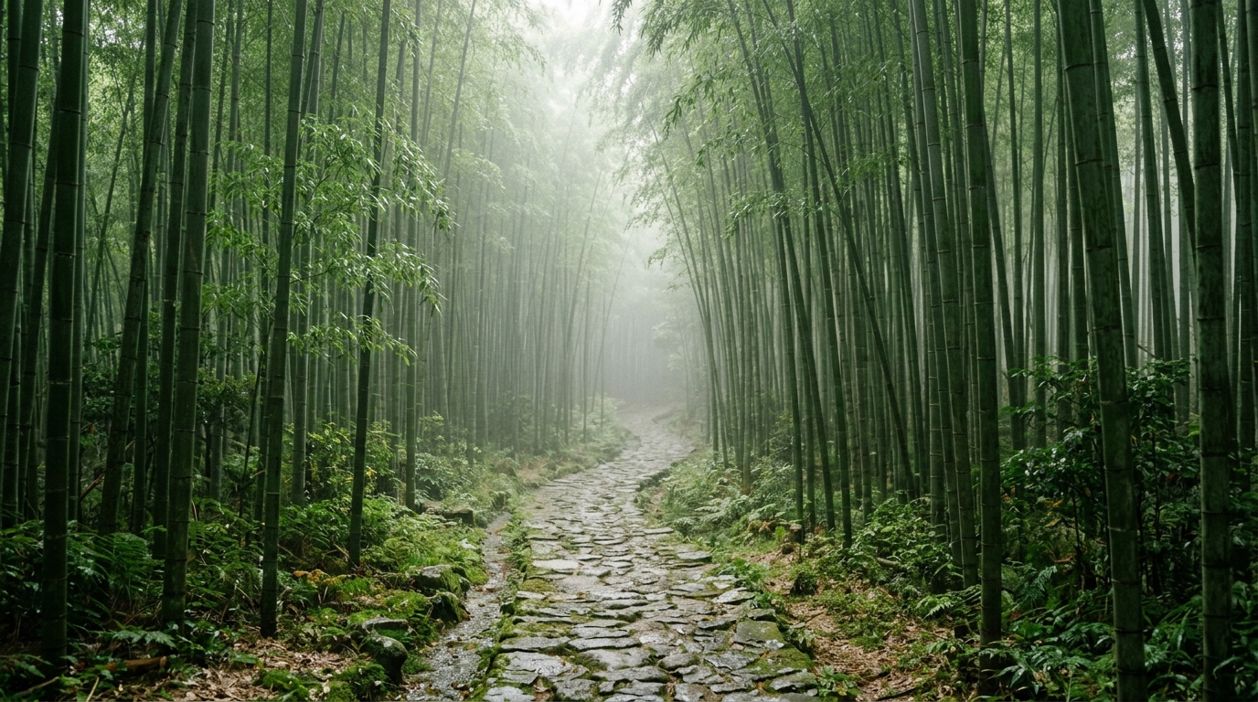 A quiet, mist-covered stone path cutting through a towering green