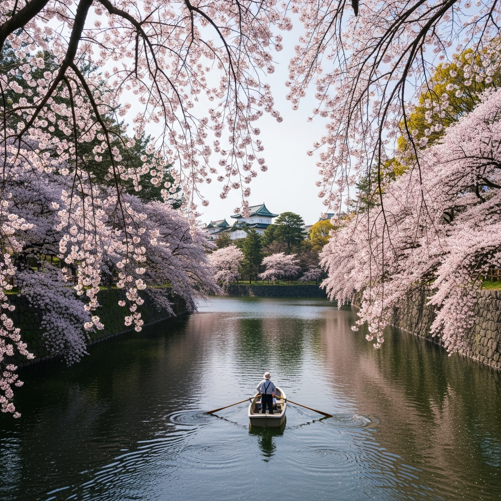 A rowboat gently moving along the Chidorigafuchi Moat, surrounded by