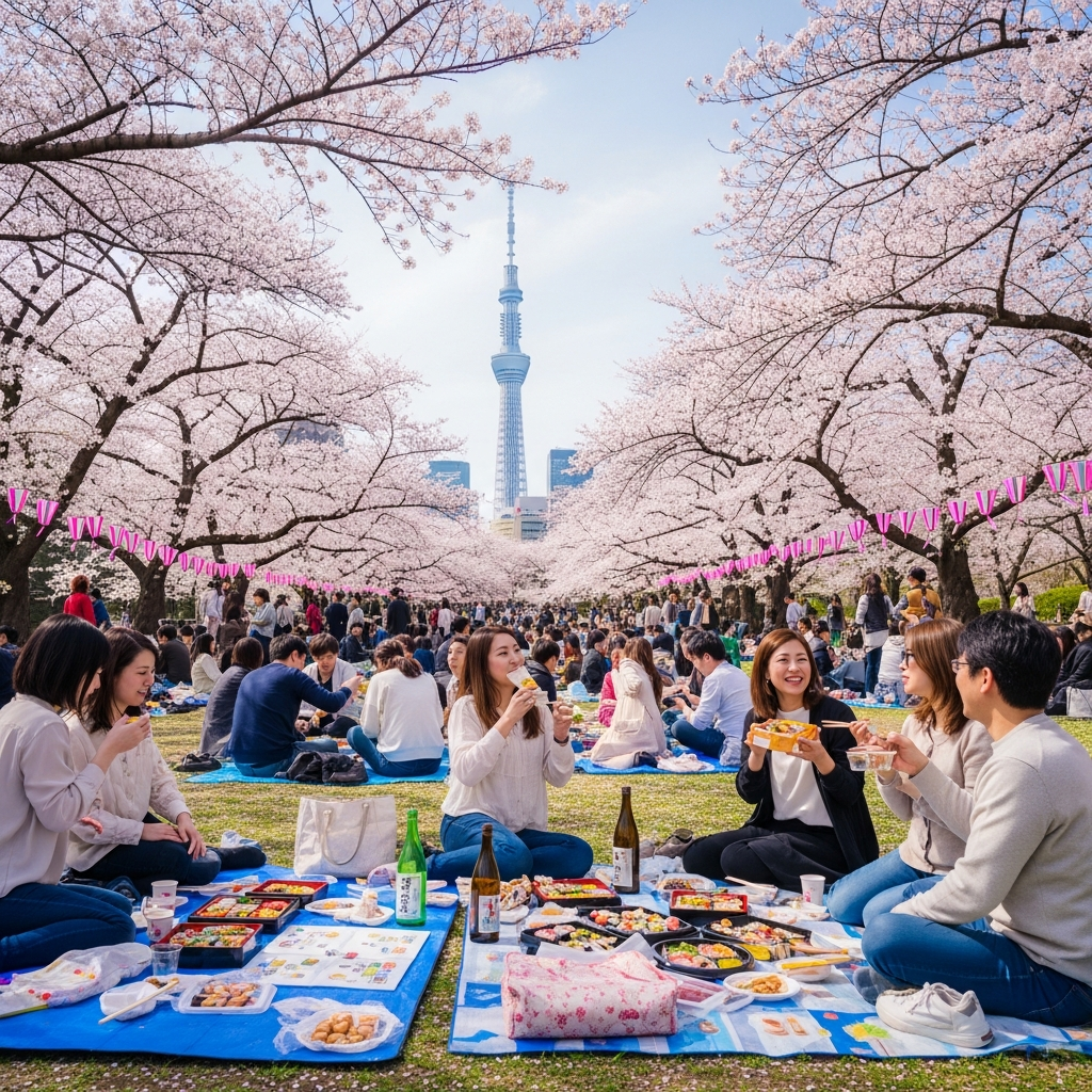 Lively hanami picnic scene under full cherry blossoms in Ueno