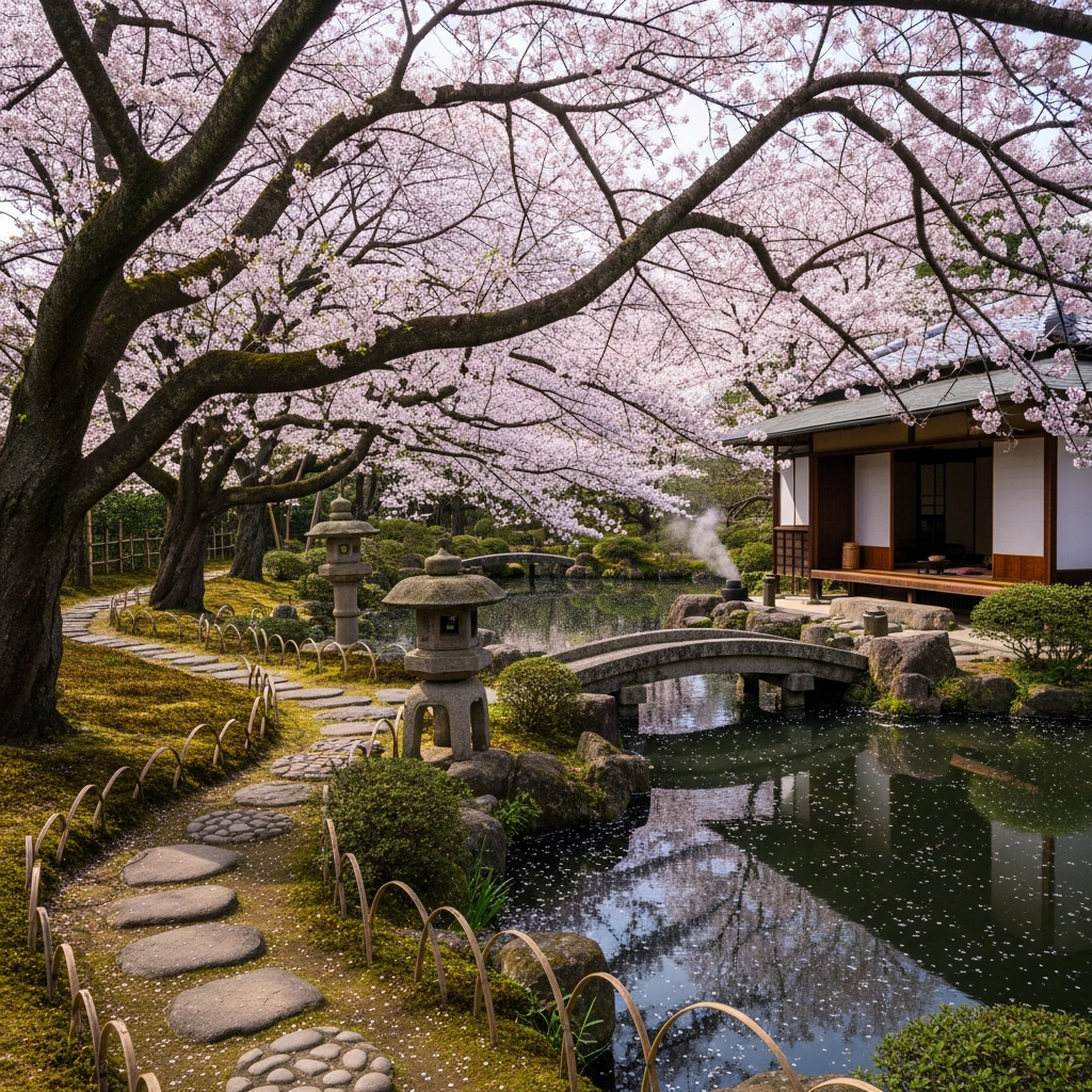 A serene, less crowded Japanese garden during cherry blossom season,