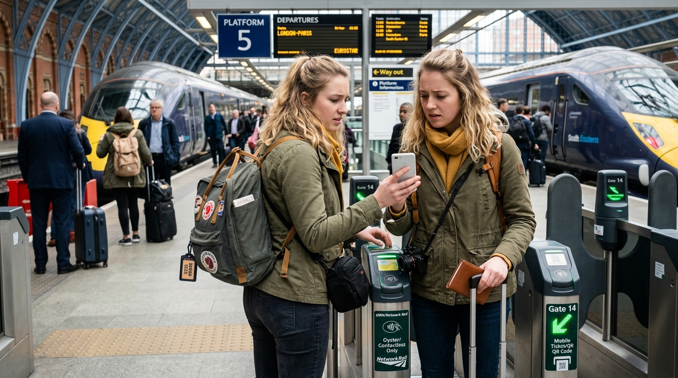 A travel blogger checking their smartphone at a train station
