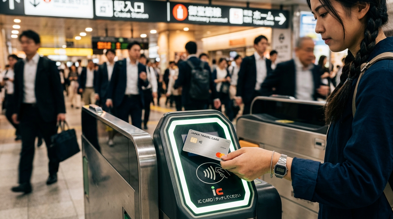 A close-up shot of a traveler’s hand tapping a metallic