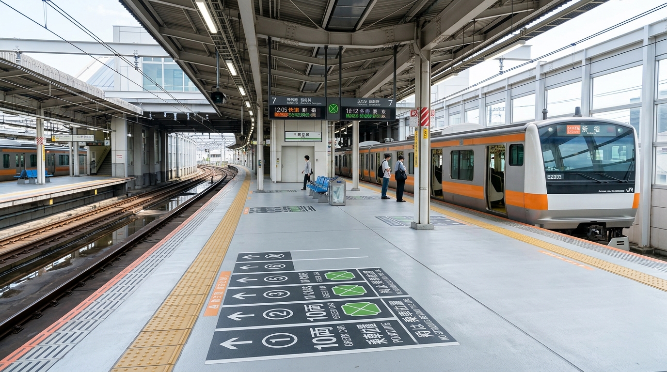 A wide-angle view of a clean, minimalist Japanese train station