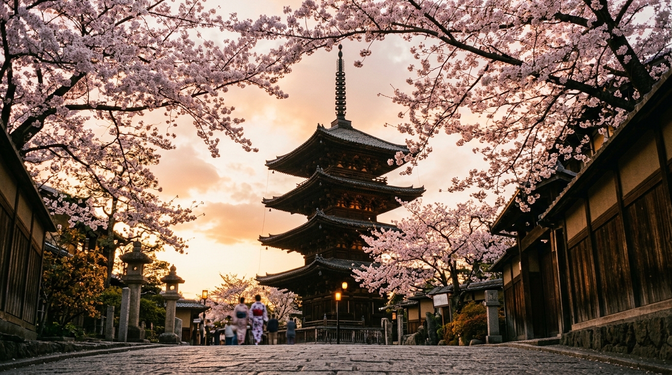 A low-angle shot of cherry blossoms framing a traditional wooden