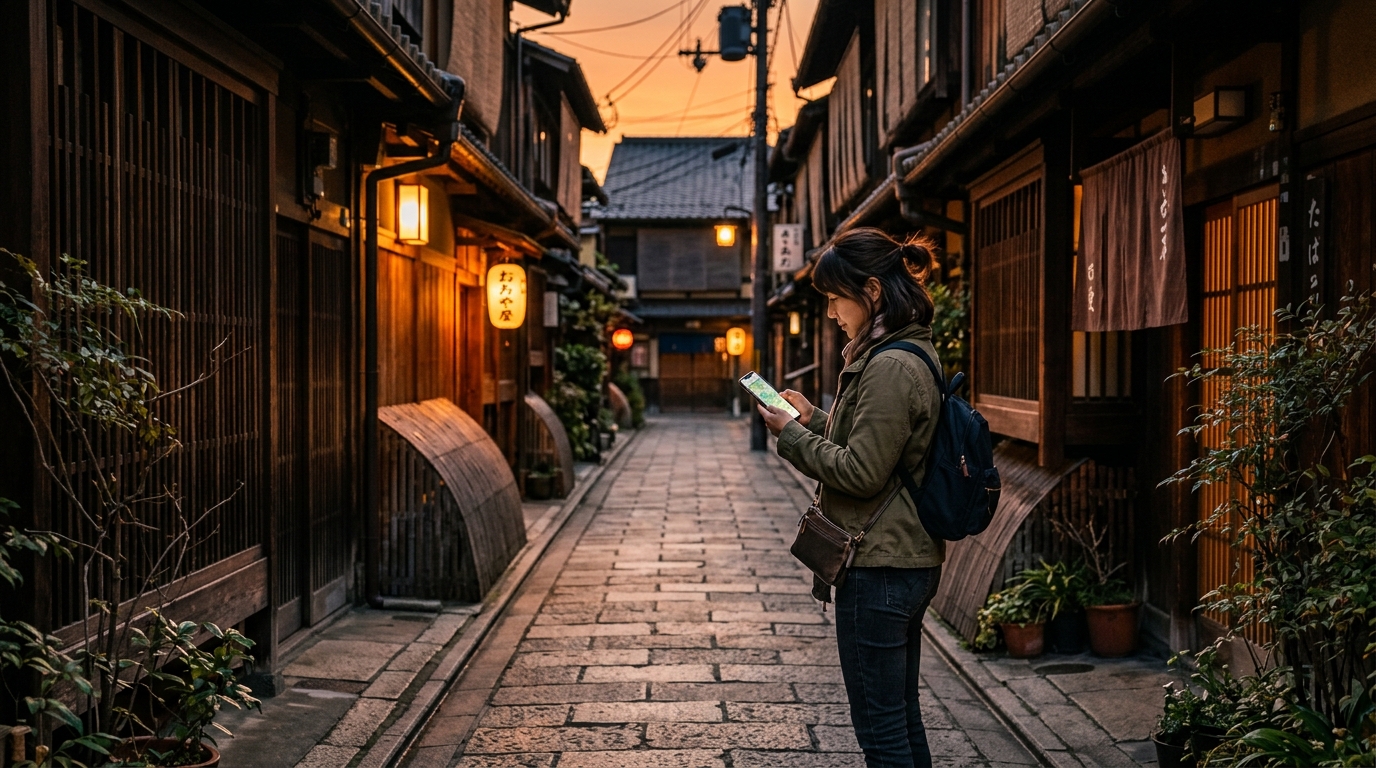 A solo traveler looking at a digital map on a