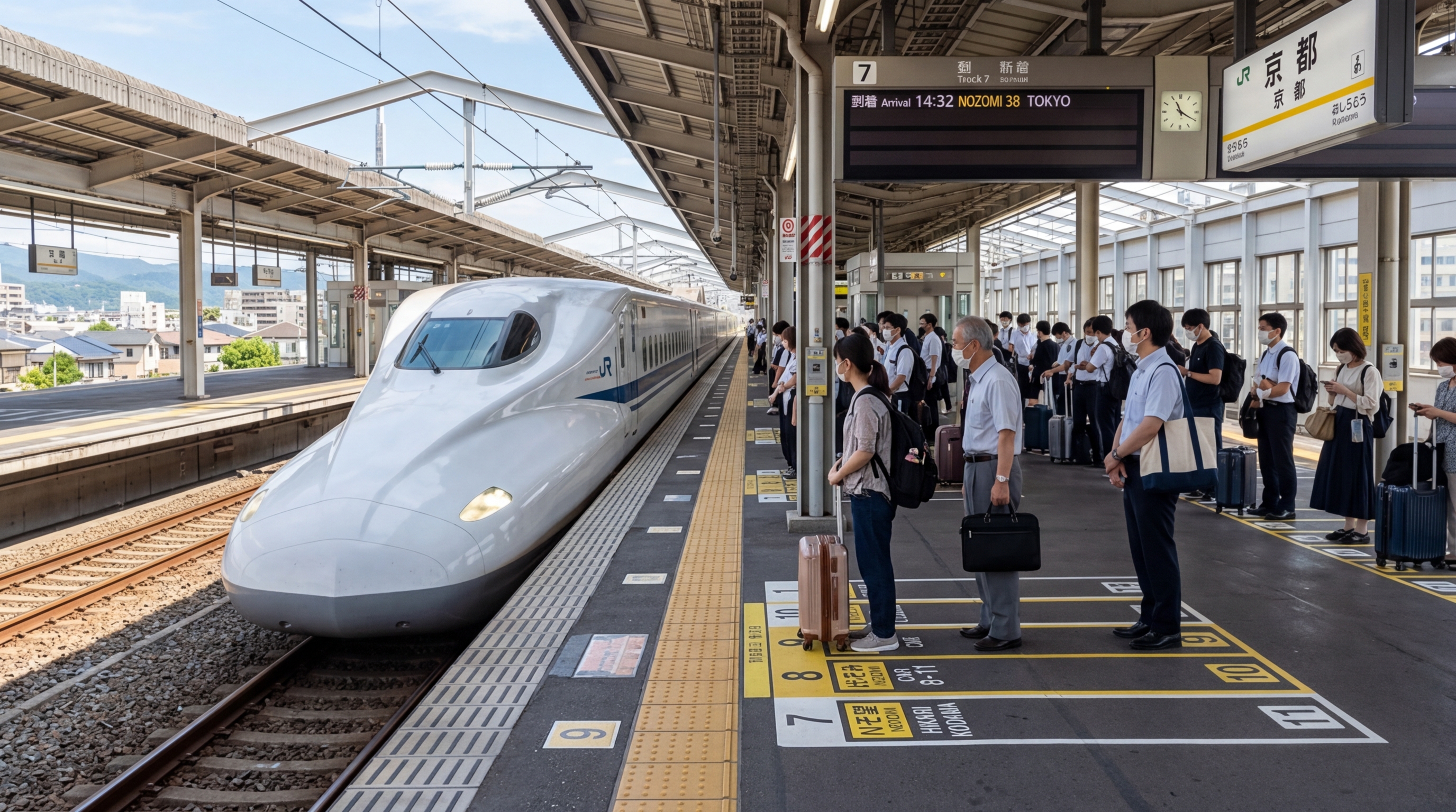 A sleek silver Shinkansen train arriving at a sun-drenched platform,