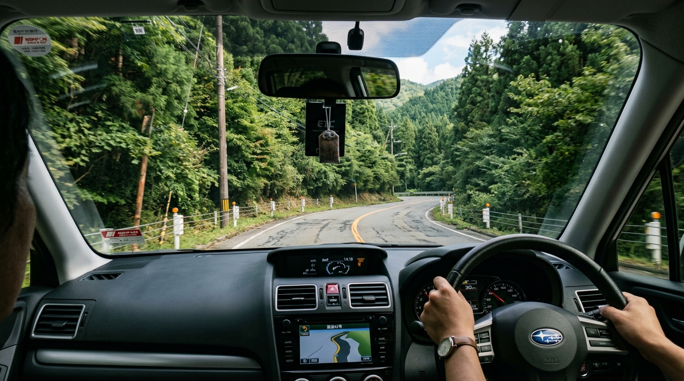 A winding mountain road in rural Japan surrounded by dense