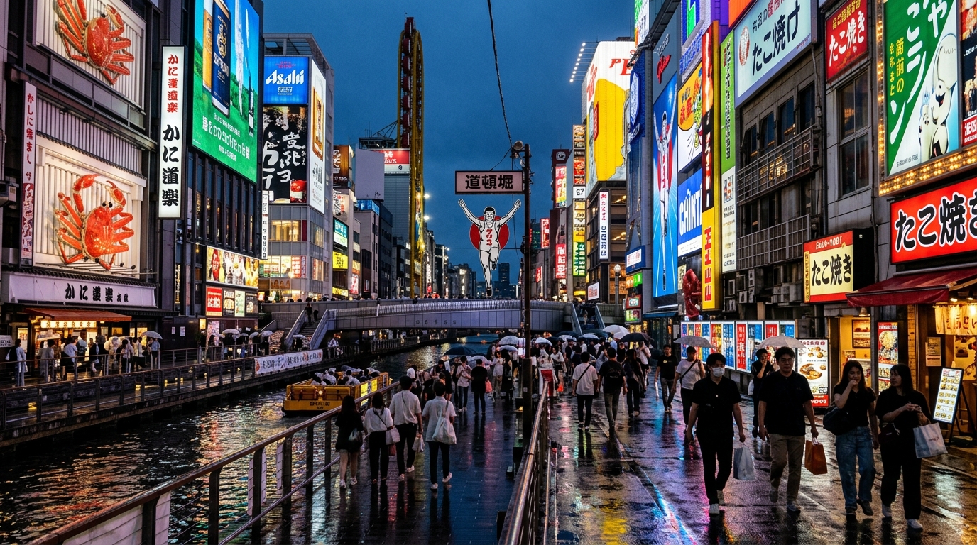 A wide-angle street scene in Dotonbori, Osaka, with the neon