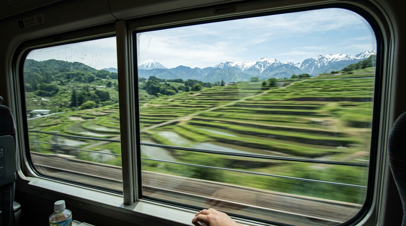 A first-person perspective from a Shinkansen window showing a blur