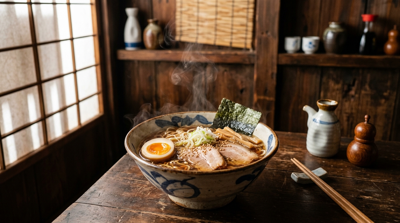 A close-up shot of a steaming bowl of local ramen