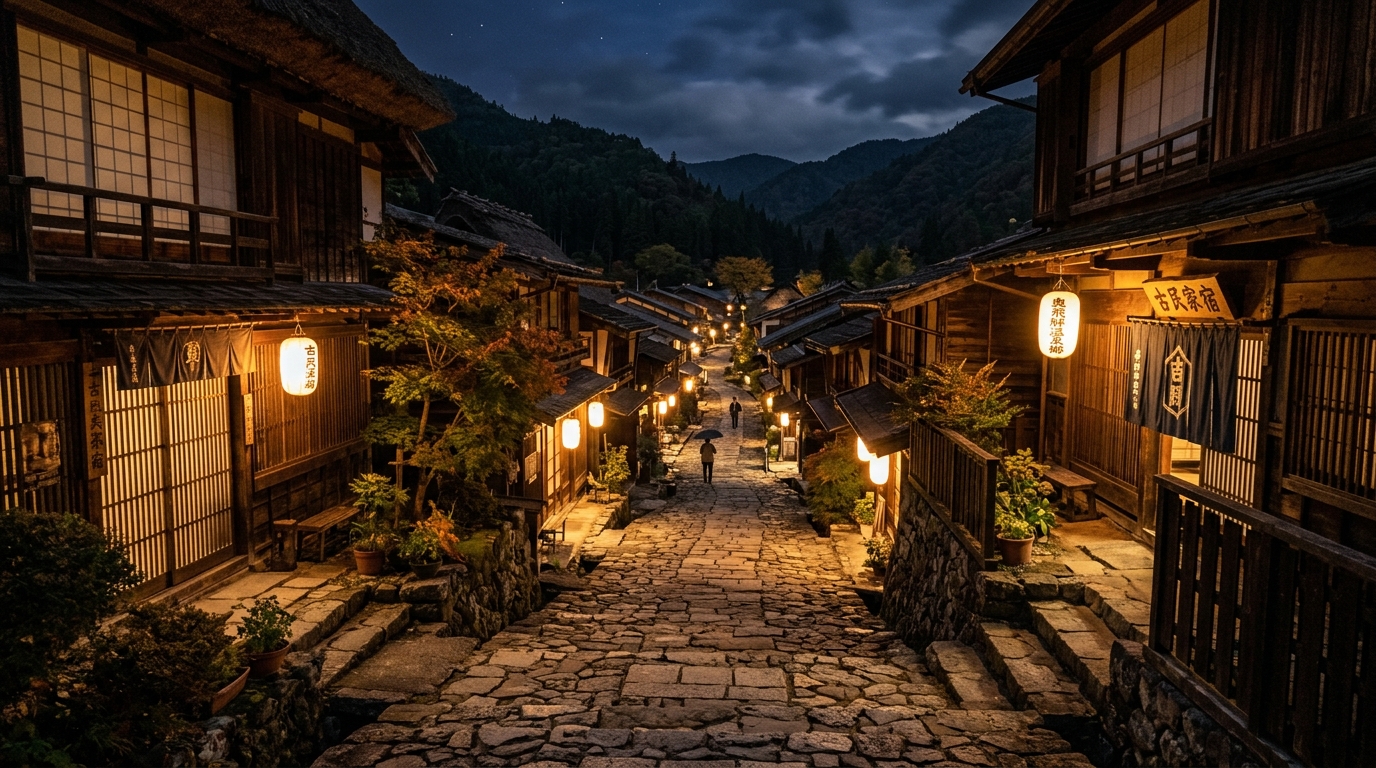 A wide-angle, low-light shot of a winding, narrow stone path