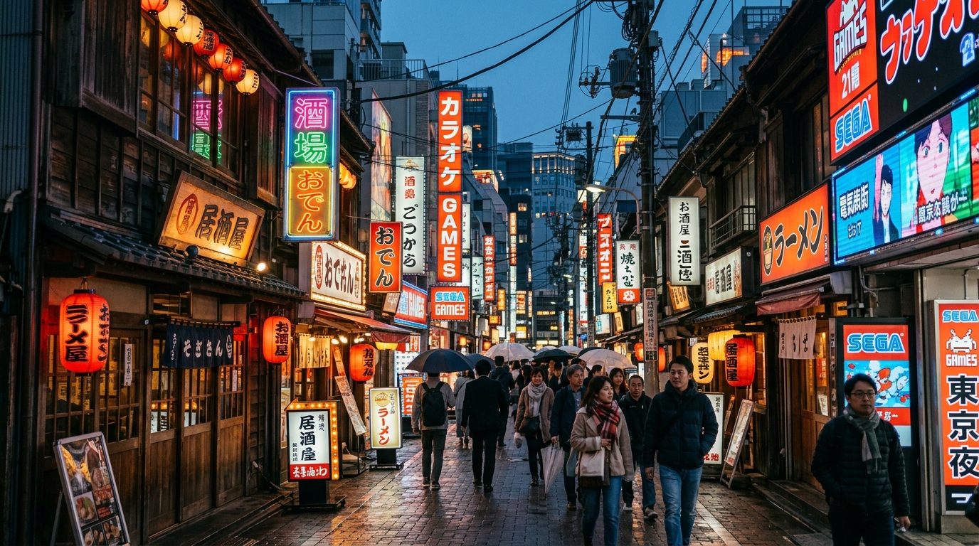 A wide, cinematic shot of a neon-lit Japanese street at
