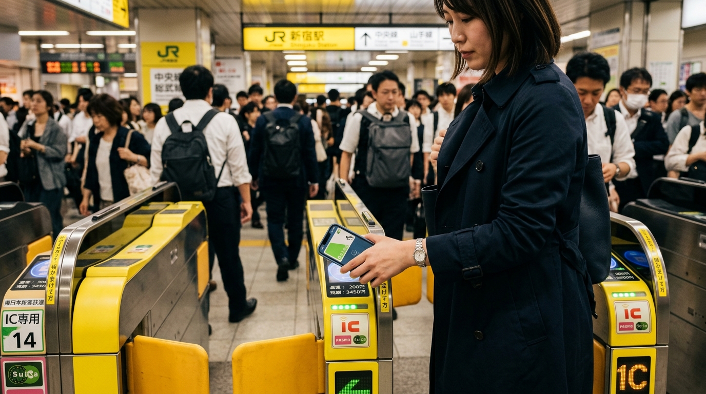 A close-up of a commuter tapping their iPhone on a