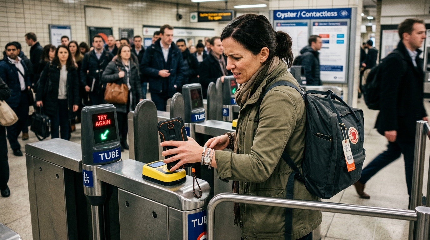 A traveler struggling to scan a thick phone case at