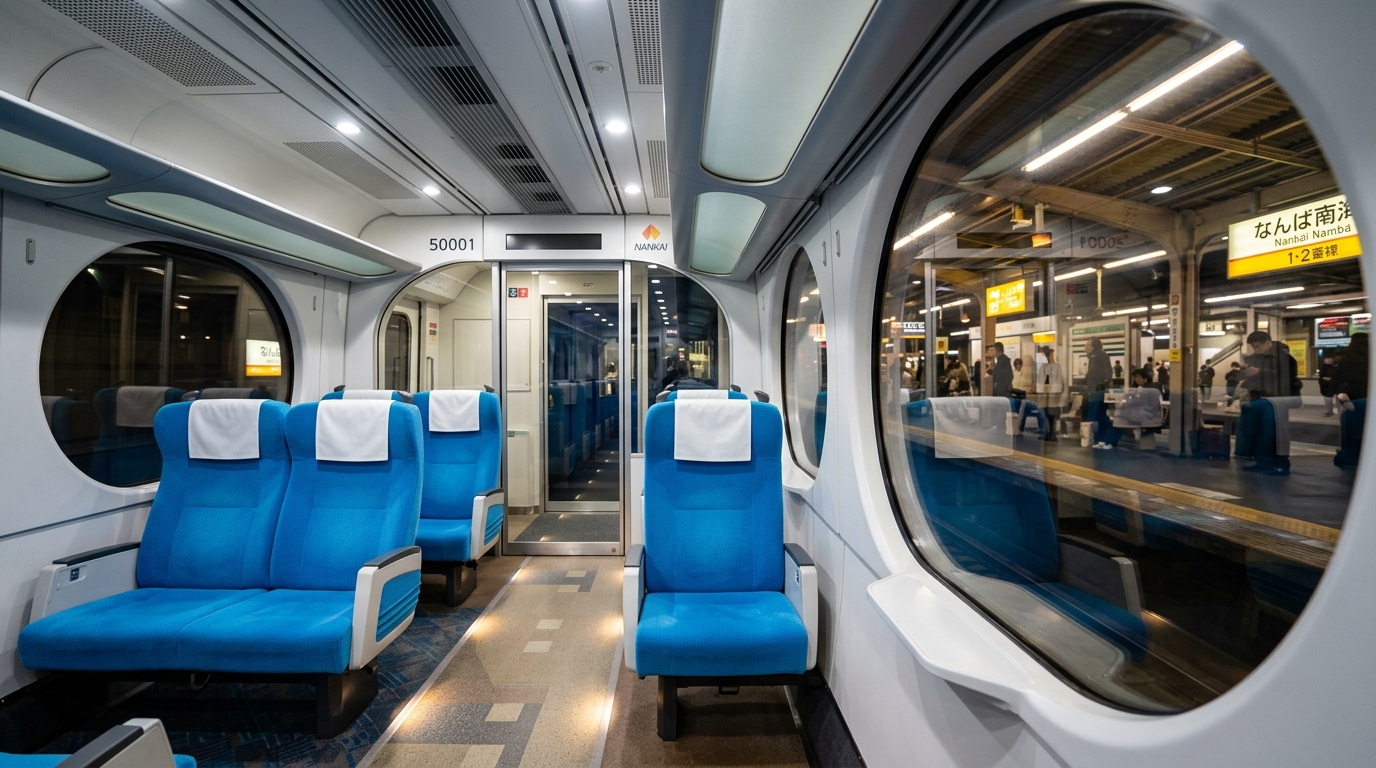 A eye-level shot of a bright blue Nankai Rapi:t train