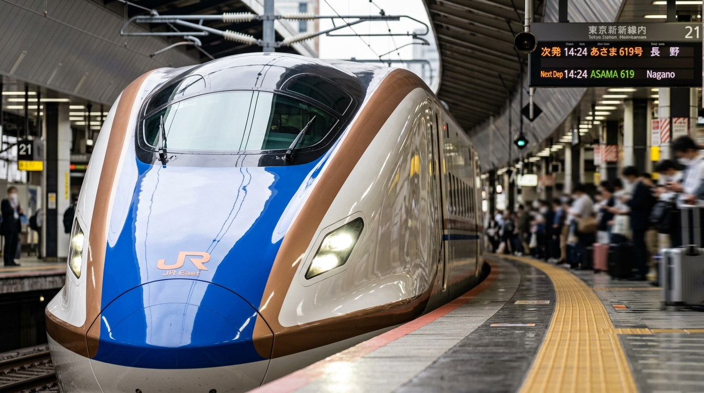 A close-up, high-definition shot of a sleek, white-and-blue Shinkansen train