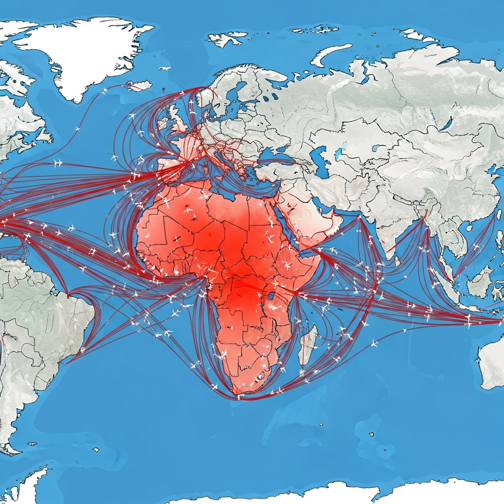 A world map showing major commercial flight routes with heavily