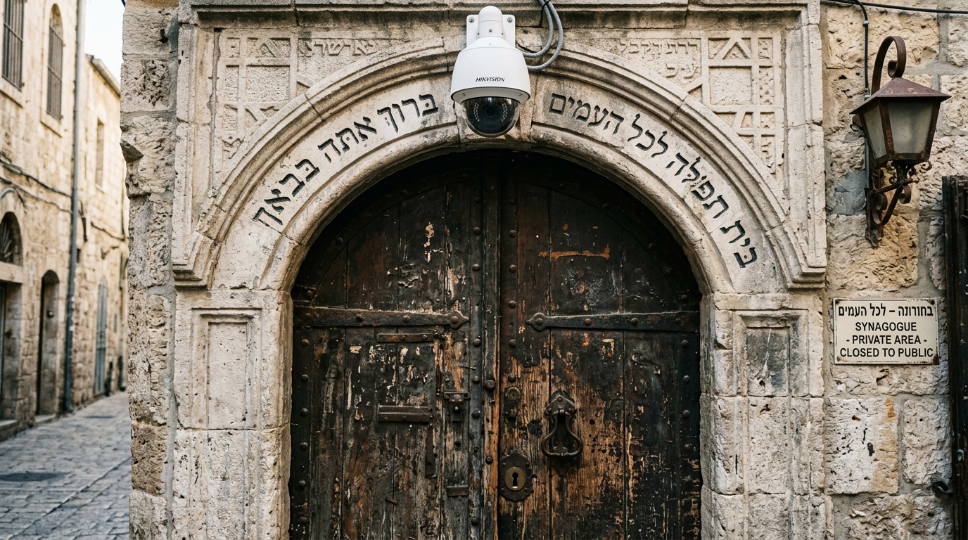A close-up shot of a historic, weathered synagogue door featuring