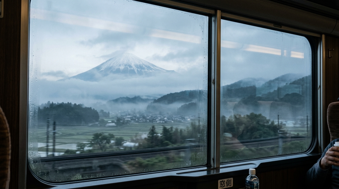 A view of a misty, partially obscured Mount Fuji from