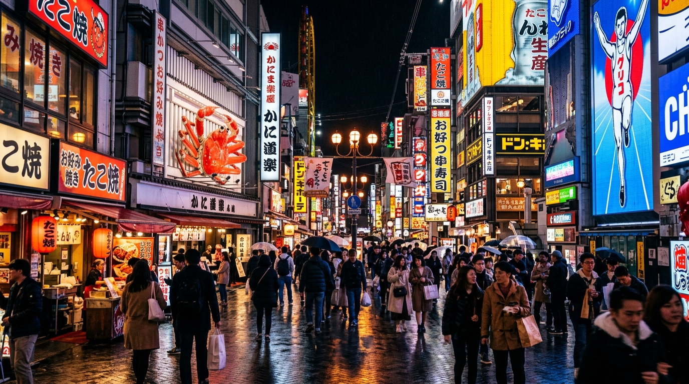 A vibrant, neon-lit Osaka street scene at night with signs