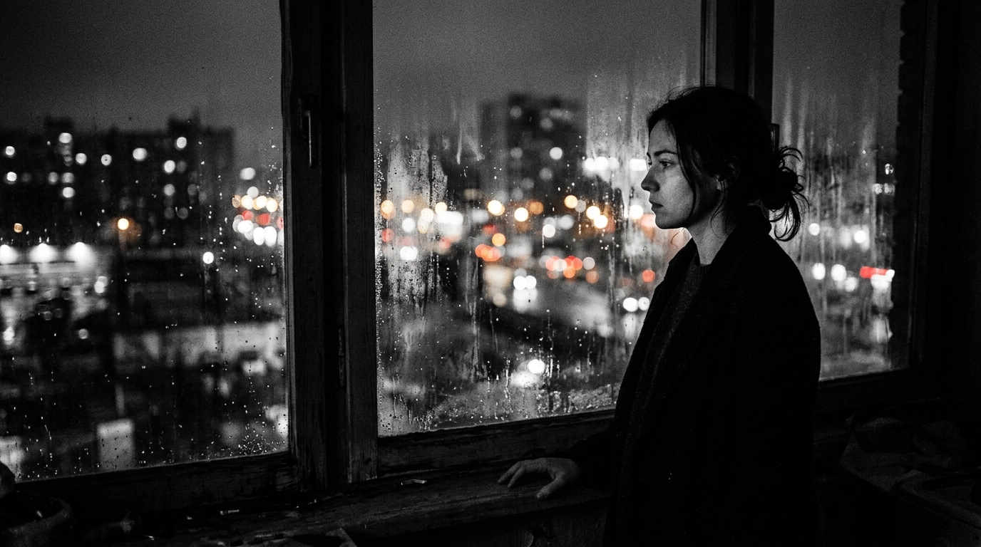 A somber, high-contrast photograph of a person looking out of
