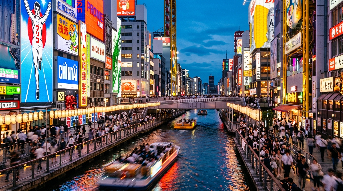 A vibrant, bustling Dotonbori canal area at twilight with bright,