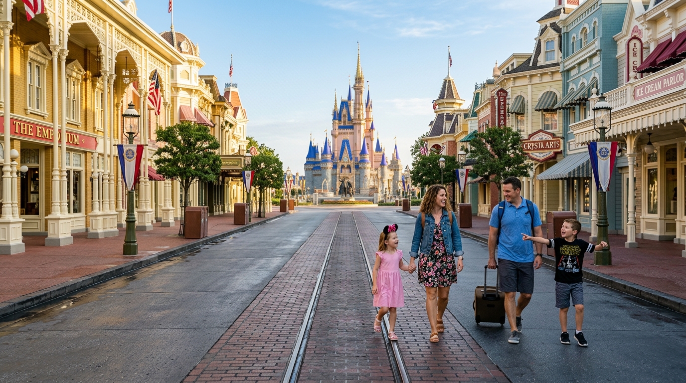 A wide-angle, morning-light photograph of a family walking down an