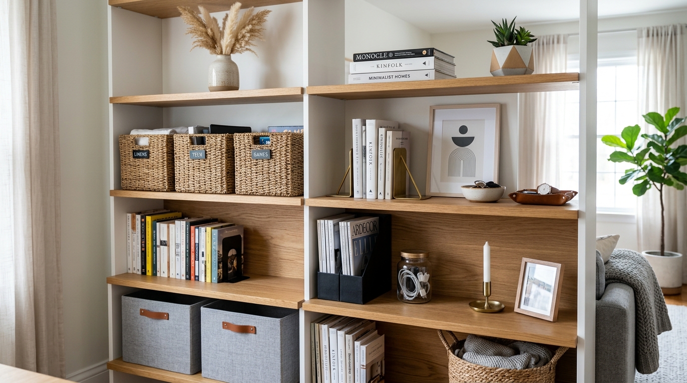 A close-up, high-definition shot of an organized, modern living room