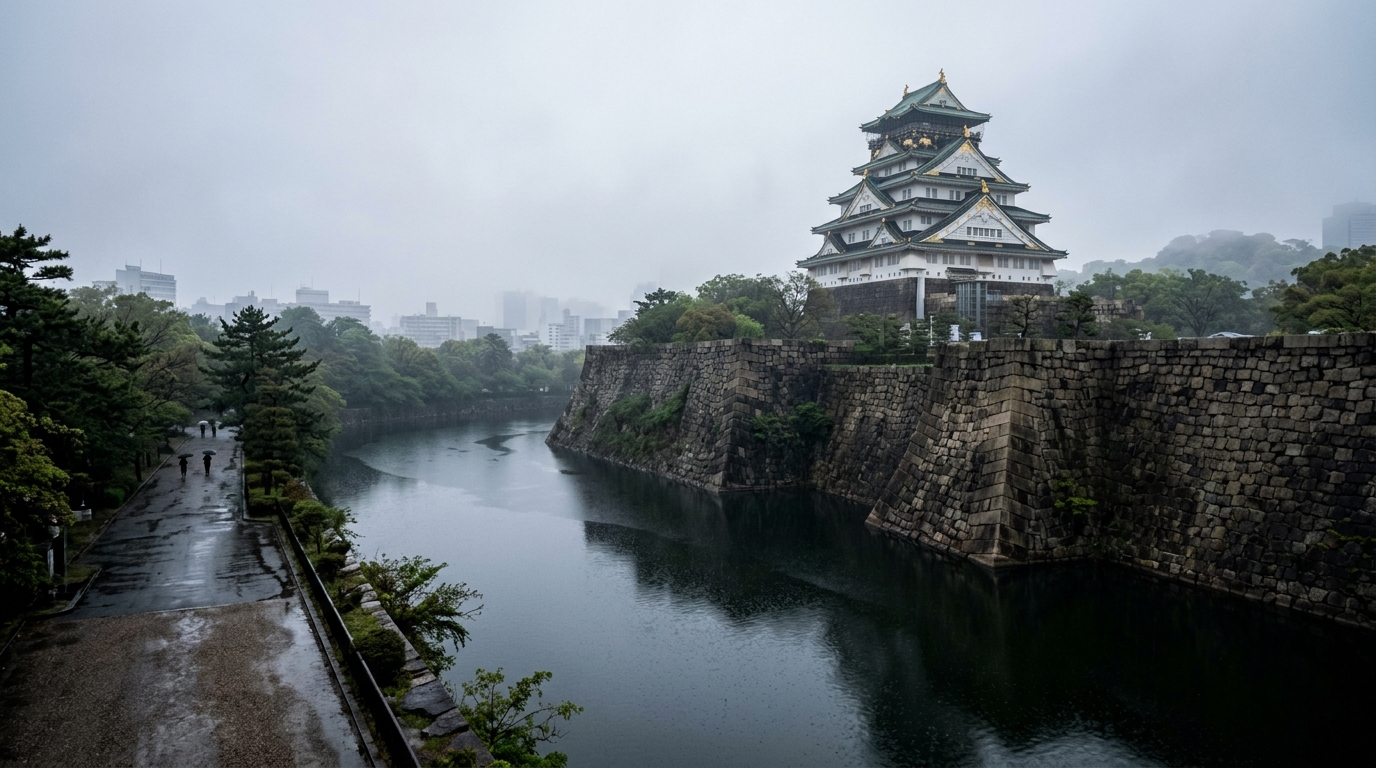 A wide-angle shot of the golden-topped Osaka Castle towering over
